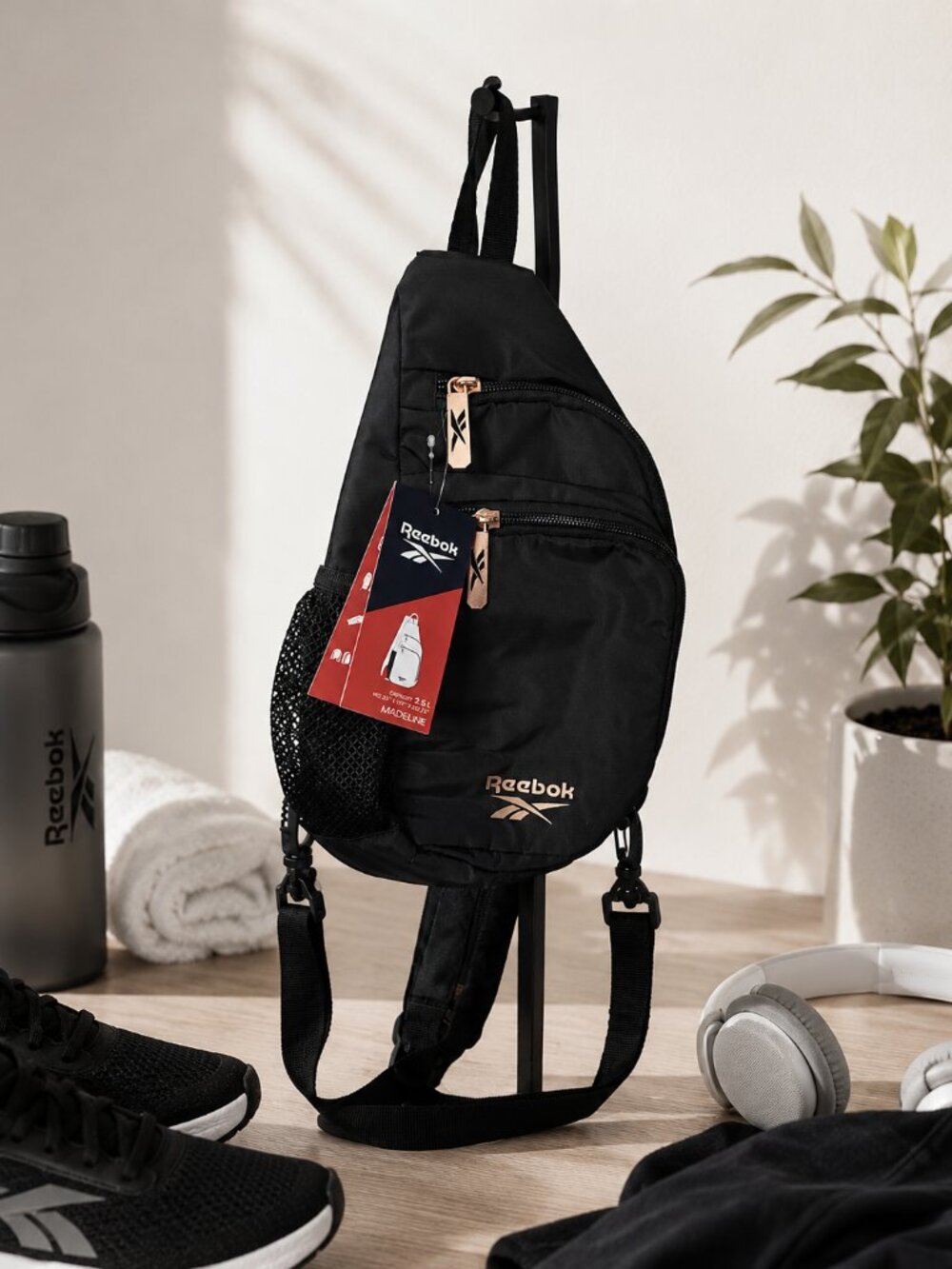 NWT Reebok Madeline Crossbody Sling Bag Black Rose Gold Hardware